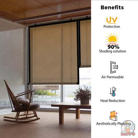 HIPPO Outdoor Sunscreen Chick Blind for Sun Protection for Luxury Homes Farmhouses Corded Roll Up and Down Blinds for Patio Balcony