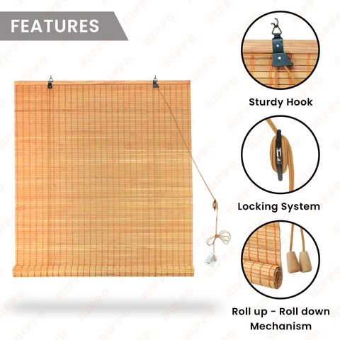 HIPPO Indoor Bamboo Chick Blind for Window Door Sun Protection Rope Mechanism Roll Up Down Bamboo Shade Window for Home & Resturants