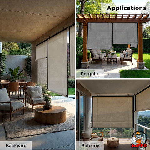HIPPO Outdoor Sunscreen Chick Blind for Sun Protection for Luxury Homes Farmhouses Corded Roll Up and Down Blinds for Patio Balcony